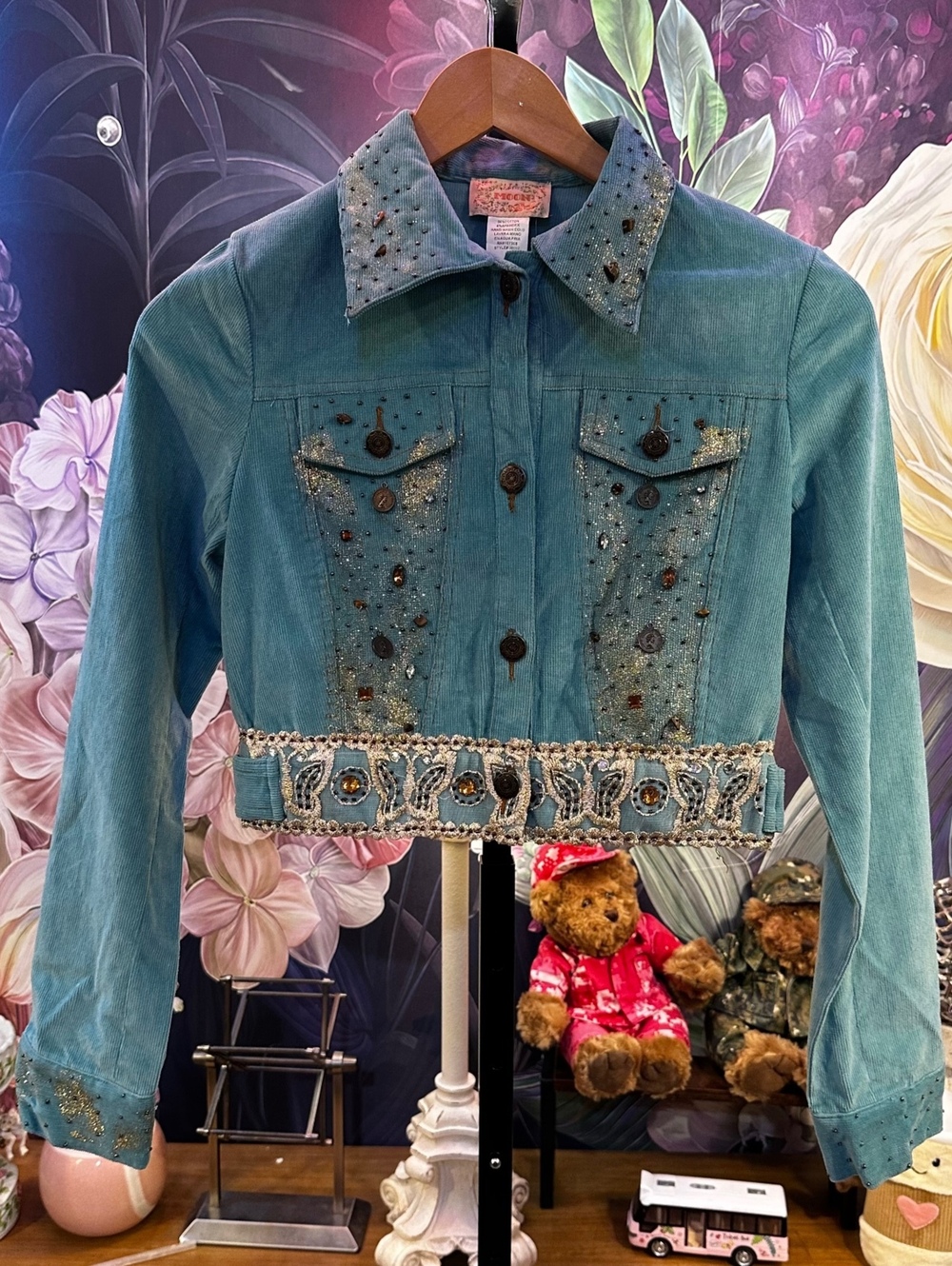 Moon S Cotton Embellished Sequin Corduroy Crop Jacket NWT Y2K Festival Coquette
